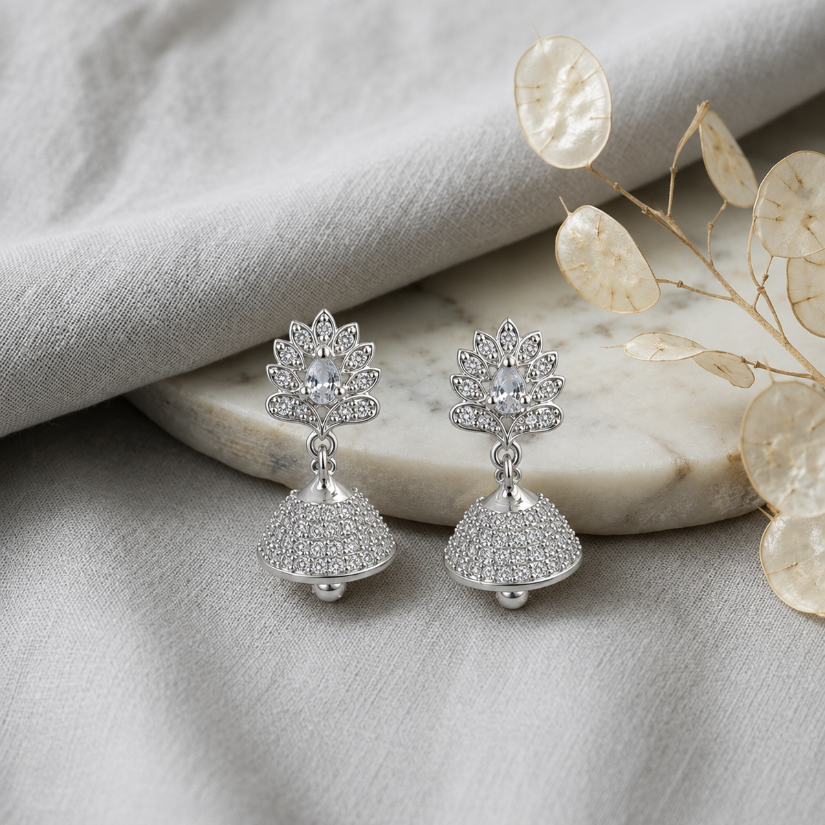 A0028 Floral Silver Jhumkas