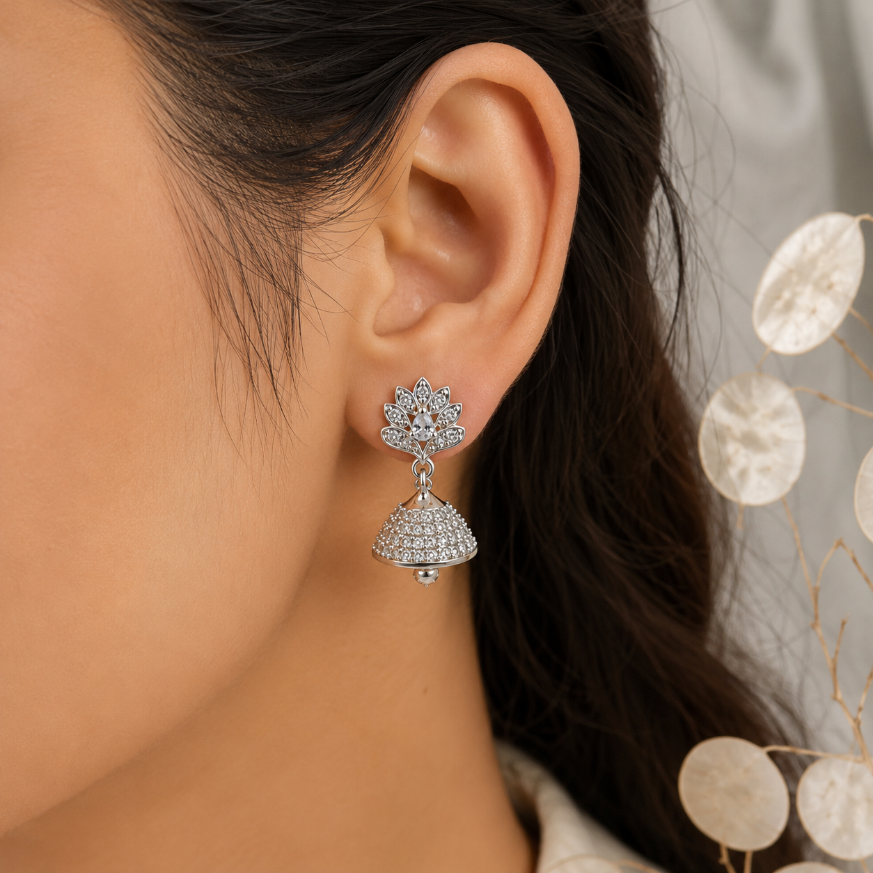 A0028 Floral Silver Jhumkas