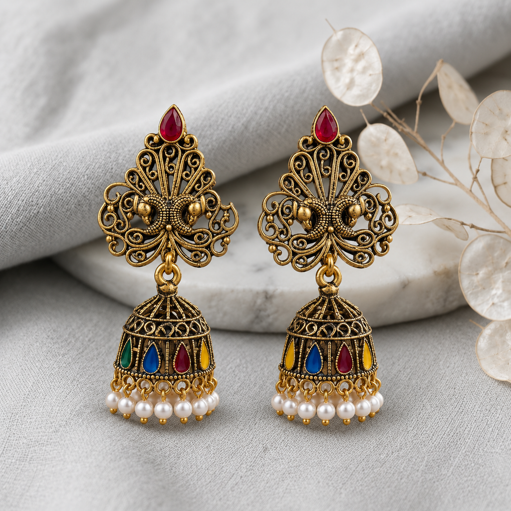 A006 Antique Peacock Jhumkas