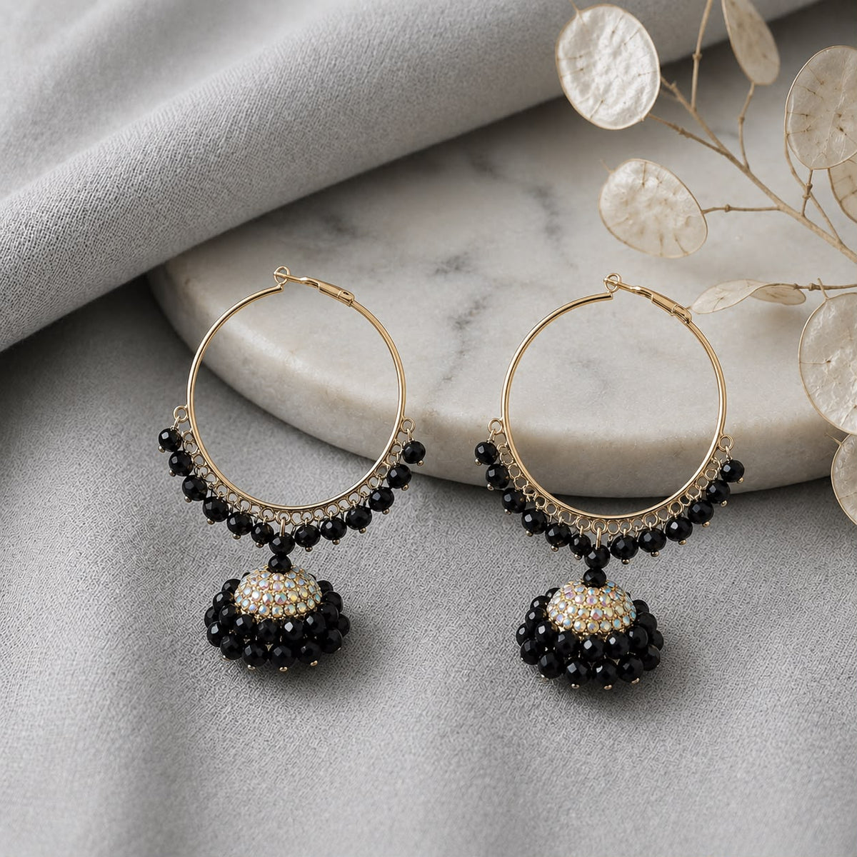 A0072 Black Beaded Hoops